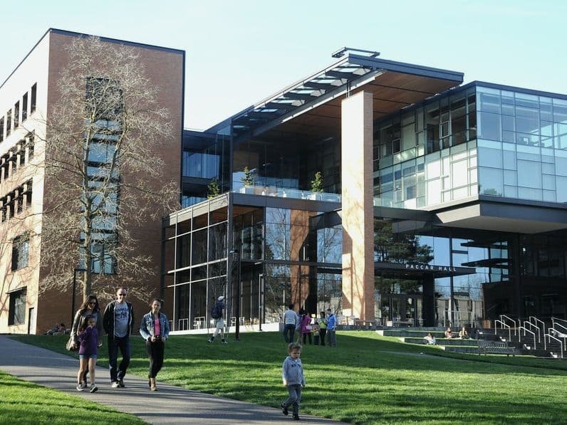 A contemporary university building of glass and timber