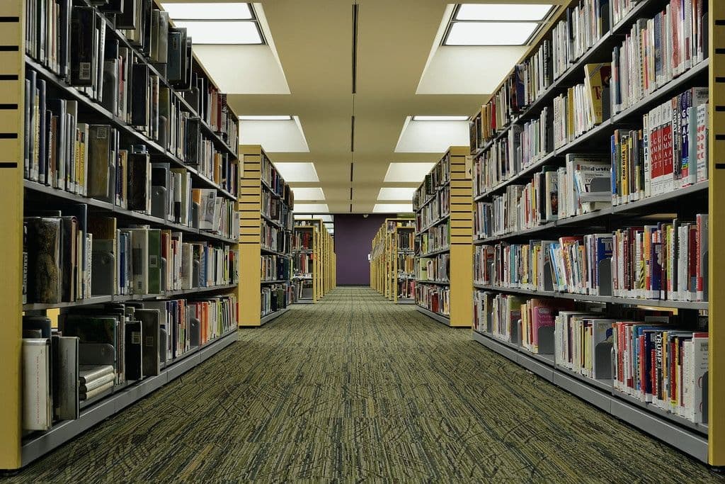 A long, symmetrical aisle of library shelves