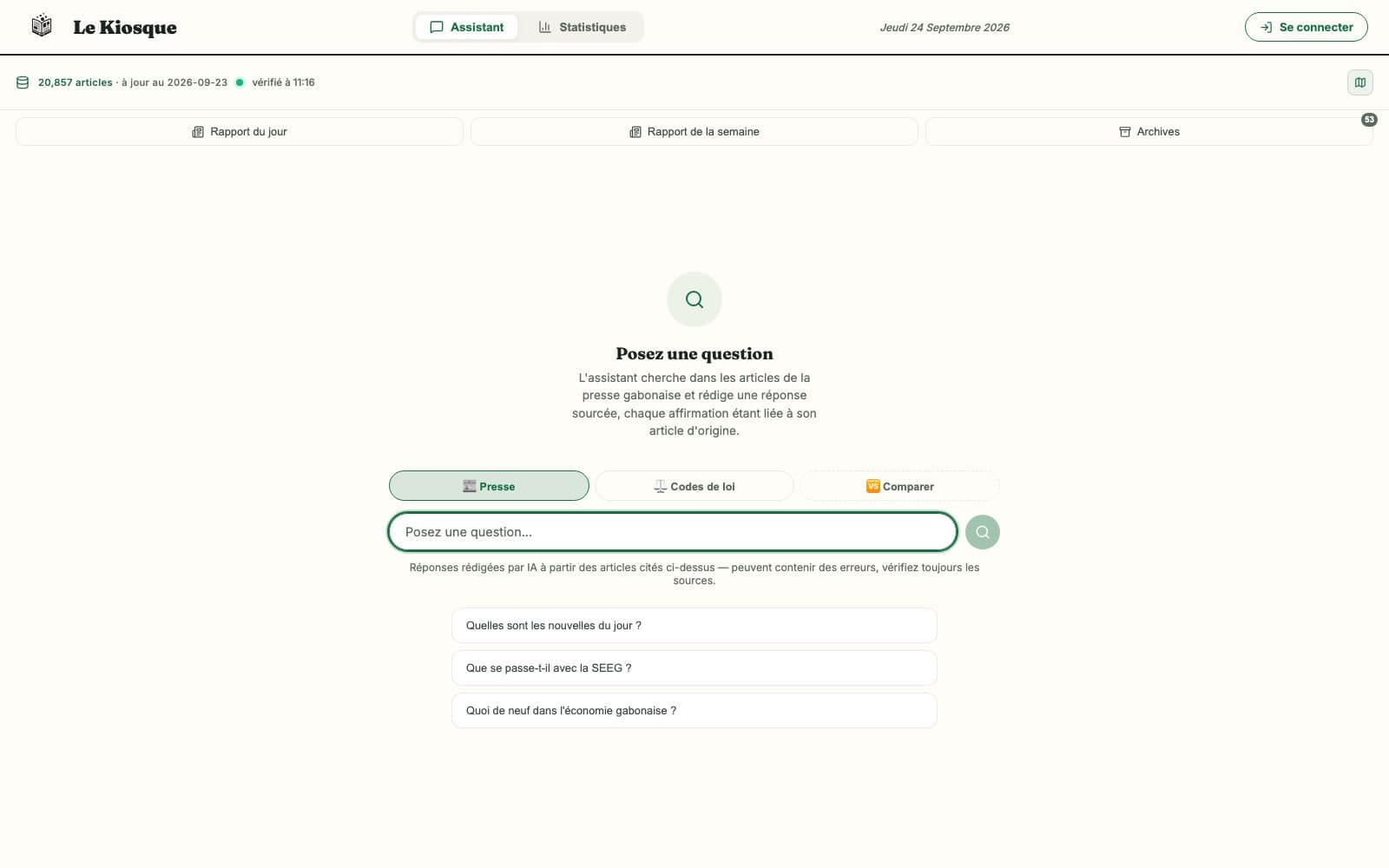 Le Kiosque: a question box over the press, legal codes or a comparison of both, with daily and weekly reports and the corpus size, 20,857 articles.